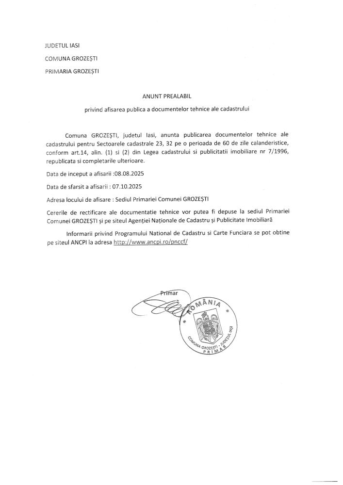 Anunț privind afișarea publică a documentelor tehnice ale cadastrului