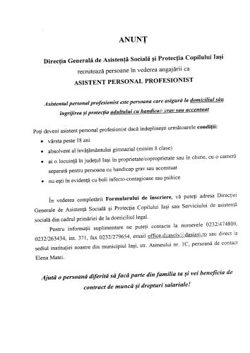 Anunt- Direcția de Asistență Socială și Protecția Copilului Iași recrutează persoane în vederea angajării ca Asistent Personal Profesional